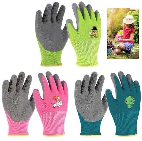 PENCHUAN 3 Paar Gartenhandschuhe für Kinder 2-4 Jahre,Kinder Arbeitshandschuhe mit Latexbeschichtung,Rutschfeste Schutzhandschuhe Gartenhandschuhe,Kinderhandschuhe für Gartenarbeit Junge Mädchen