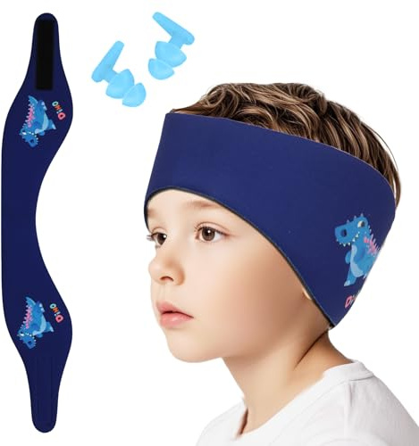 Bandeau de Natation Enfant, Bandeau Élastique avec Bouchons d'Oreille de Protection pour Piscine et Natation et Autres Sports Nautiques (Bleu Marine-1, L)