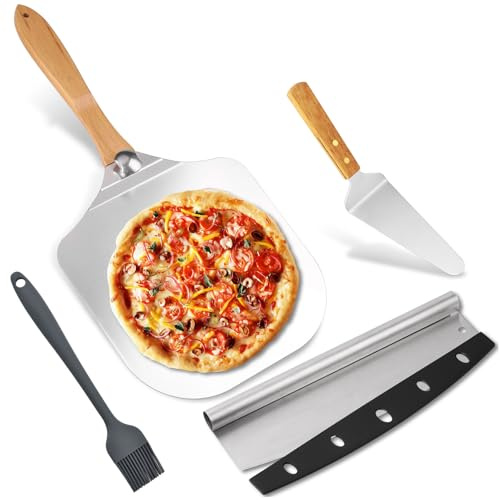4-Piece Pizza Tools Set - 12-Inch Aluminum Pizza Peel, Pizza Cutter, Cheese Spatula & Silicone Brush - Durable Pizza Paddle with Wood Handle - Perfect for Baking, BBQ, Homemade Pizza & Pastries