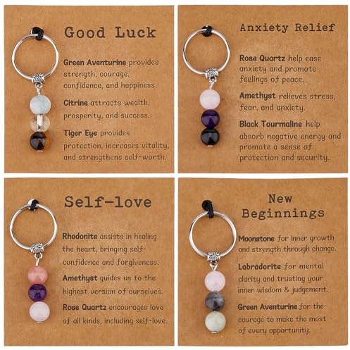 DICOSMETIC 4 Stück 4 Stile Kristalle Schlüsselanhänger Geschenk 5CM Natürliche Edelstein Schlüsselanhänger Neuanfänge Selbstliebe Glücksbringer Geschenk Mit Papierkarte Für Frauen Beste Freundin