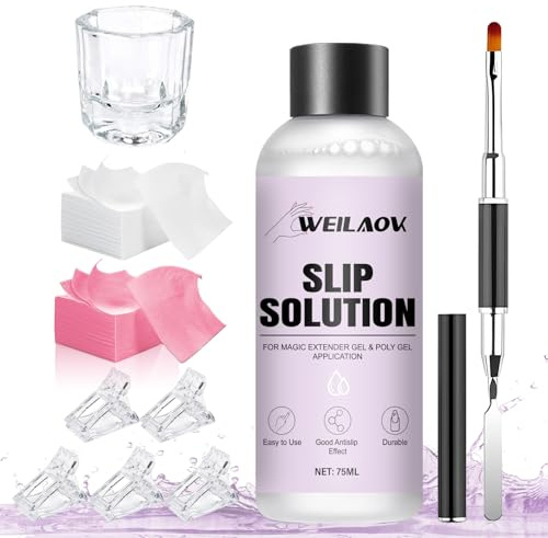 WEILAOK Polygel Slip Solution, Polygel Para Uñas Profesional, 75ml Slip Solution Polygel, Pincel Acrilico Uñas, 5 Clips de Uña, 1 Vaso de Cristal 100 Hojas de Limpieza
