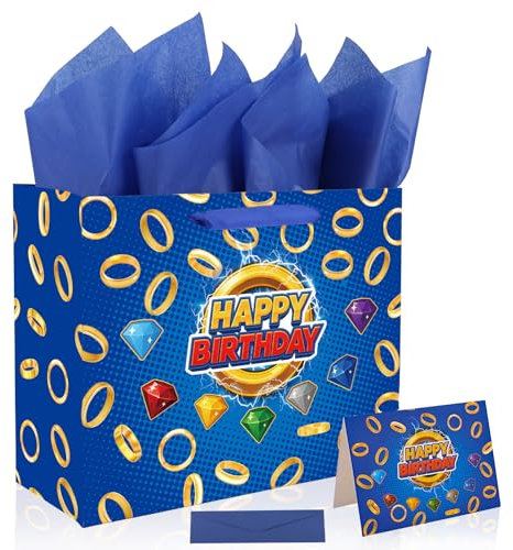 SAVITA Geschenktüten Set für Geburtstagspartys, Blaue Goodie Bag mit Cartoon Motiv Geschenkpapier Grußkarten Umschlag mit Goldenem Ring und Bunten Edelsteinen als Dekoration für Kindergeburtstage