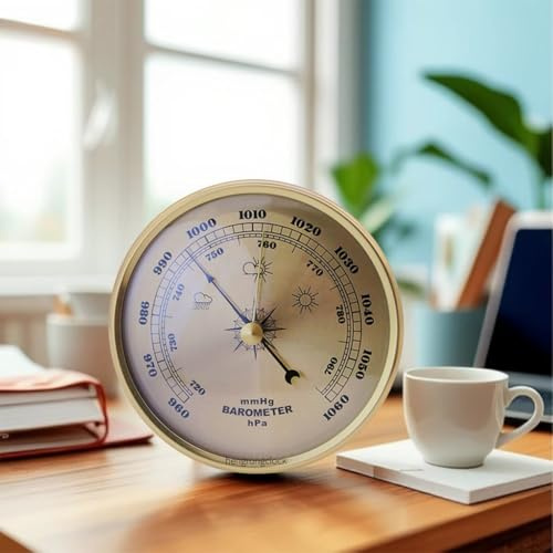 Analoges Barometer mit Thermometer-Hygrometer, Barometer Metallrahmen, Haushalt, kompakte Barometer, für Wohnzimmer, Büros, Wetterstationen (Gold)