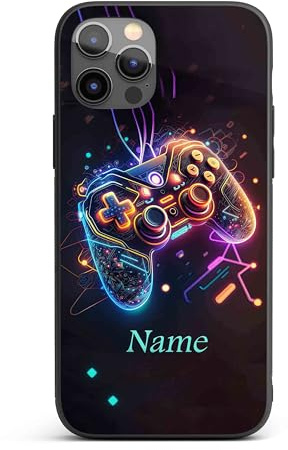 GIFTIMIZED Neon Gamer Phone Case Personalised with Name, Cool Gaming Remote Design, Custom Gamer Gift for Boys or Teens, Neon Video Game Case for iPhone Black