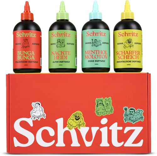 SCHVITZ® Sauna Aufguss Set 4 × 200 ml - Premium ätherische Duftöle - Made in Germany - Geschenkidee - Menthol, Citrus, Kräuter, Eukalyptus