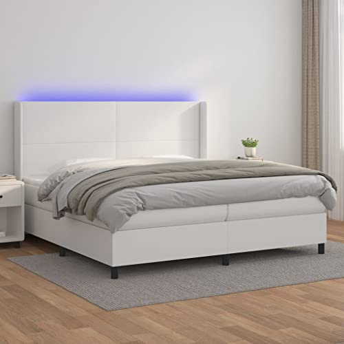 Hoopleep White Faux Leather Box Spring Bed with Mattress & LED, 200x200 cm Queen Size, Adjustable Headboard, Pocket Spring Mattress, Skin-Friendly Topper, Durable & Easy Clean for Bedroom