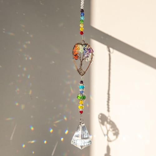 TENGWA Sonnenfänger Kristall Fenster Regenbogenmacher Anhänger für Fenster | Sonnenfänger Fensterdeko Hängend Baum des Lebens 36CM Kristalle zum Aufhängen Lichtfänger für Garten Hochzeit Dekor
