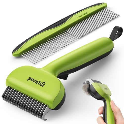 Pecute One-Click Self-Cleaning Dematting Comb for Dog, Dog Grooming Brush | Undercoat Rake with Round Safe Teeth, Deshedding Tool for Long Haired Cats, Detangler for Removing Knots Tangles & Loose Fur