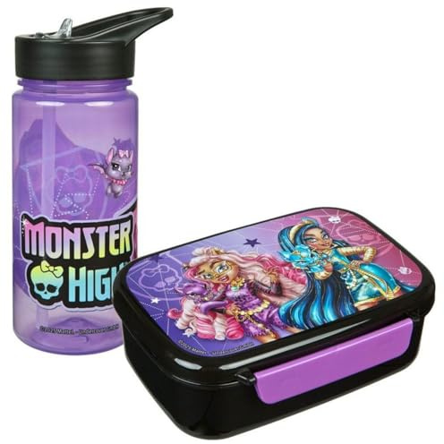 E plus M Monster High Mädchen Lunch Set 2-TLG. mit Brotdose und Trinkflasche 500 ml, Pausenbox Set für Schule, Freizeit und Ausflug