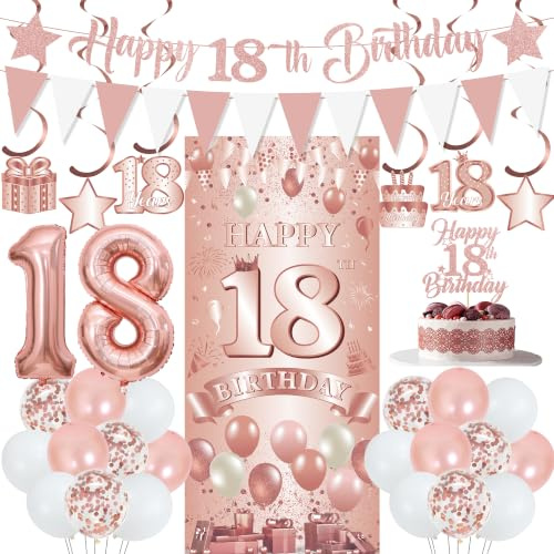 18th Birthday Decorations Girl Banner - 31 Pcs Rose Gold 18th Banner Set | 31 PC Rose Gold 18th Birthday Banner Flag 18 Balloon Swirls Cake Topper for Girls