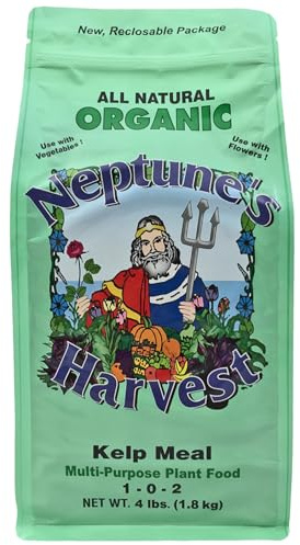 Neptune’s Harvest Organic Kelp Meal Plant Food (1-0-2) - 4 lb Resealable Bag - Multi-Purpose Seaweed Fertilizer - Indoor & Outdoor Plant Fertilizer for Lawns, Gardens, Vegetables & Bulbs