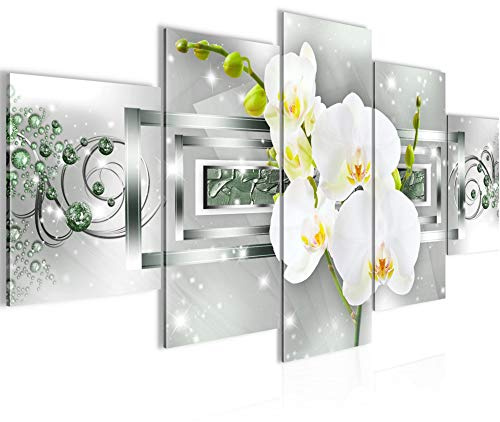 Runa Art - Bilder Blumen Orchidee 200 x 100 cm 5 Teilig XXL Wanddekoration Design Grün Silber 210951b