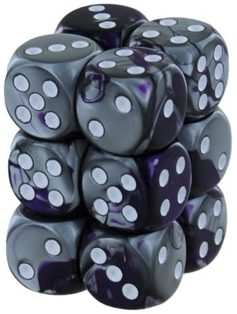 Chessex Gemini 16mm d6 with pips Dice Blocks (12 Dice) - Purple-Steel w/White
