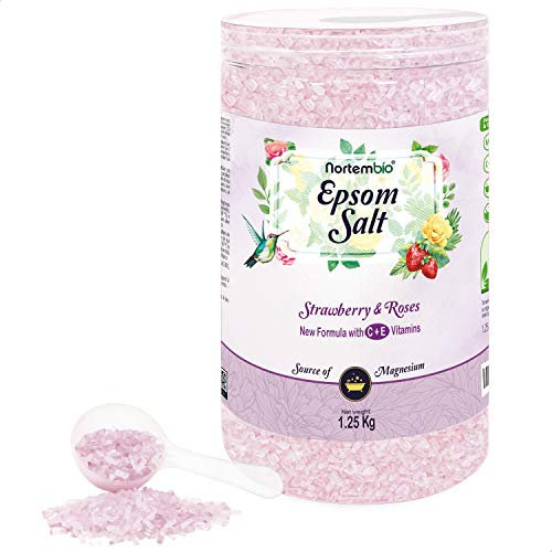Nortembio Epsom Salz 1,25 Kg. Neuartigen Duft von Rosen und Erdbeeren. Hydratisiert mit Vitamin C und E. Badesalz und Körperpflege. E-Book Inklusiv.