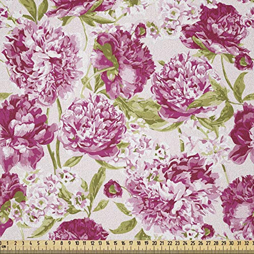 ABAKUHAUS Blume Stoff als Meterware, Pfingstrosen und Blattblumen, Microfaser Multi Zweck Dekostoff für Kunsthandwerke, 3M (230x300cm), Olivengrün Weiß Rosa