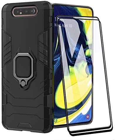 XIFAN Hülle für Samsung Galaxy A80/A90 [Strapazierfähig] Ring Ständer, [Funktioniert Mit Magnetischer Autohalterung] Case Schutzhülle, Schwarz + 2 Pack Displayschutzfolie