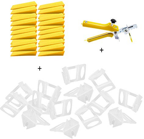 Globaldream Fliesen Nivelliersystem DIY Fliesen Nivellier Abstandshalter 1 MM - 100 Stück Nivellier Abstandshalter Clips plus 100 Stück wiederverwendbare Keile und 1 Fliesen-Zange (Gelb)