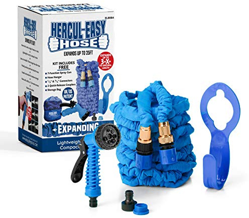 Hercul-Easy Expandable 25ft Garden Hose Set – Flexible Hose with 7 Way Spray Gun - Aluminium & Brass Connectors, Hose Holder & Tap Connectors - Water Pipe with Free Storage Bag, 25ft, Blue