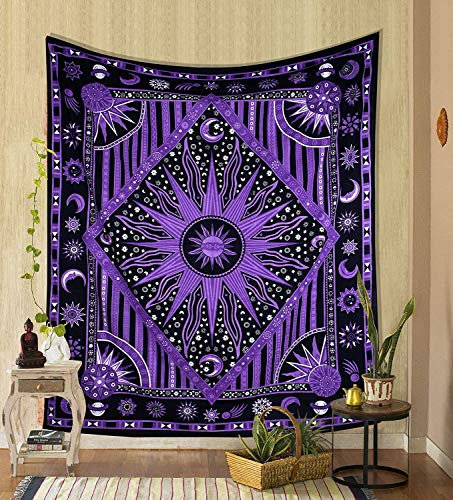 THE ART BOX Indie Wandteppich Baumwolle Mandala Wandbehang Deko Teppich Aesthetic Room Decor Dekoration Wohnzimmer Indische Tücher Schlafzimmer Deko, Violett, 135x160 Cm