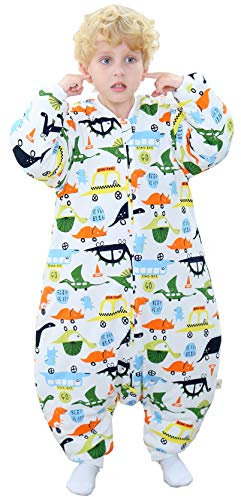 Chilsuessy Baby Ganzjahres Kinderschlafsack mit Füssen 2.5 Tog,Kleinkind Winter Schlafsack mit abnehmbar Ärmel 100% Baumwolle, Dinosaurier/ 3.5Tog, XXL/Baby Höhe 110-130cm