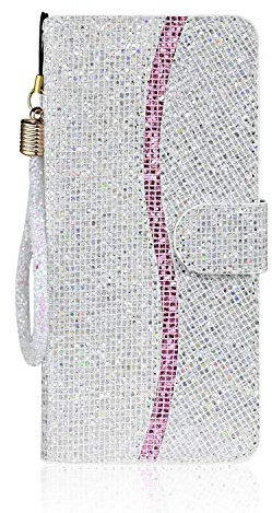 Tiyoo Phone Case for iPhone 12 Mini Flip Case Bling Glitter Sparkle Case, 3D Sequins Leather Wallet Cover with Magnetic Closure, Support Stand and Card Slots, with Lanyard Strap (Silver/White)