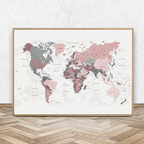manbgt Wandkunst Drucke Erröten Rosa Weltkarte Leinwand Kunst Wohnkultur Abstraktes Poster Rosa Welt Bilder Modernes Wohnheim Dekor 50X70cm 20x28inch Kein Rahmen
