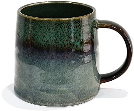 wewlink Large Ceramic Coffee Mug, Pottery Mug,Tea Cup for Office and Home,Handmade Pottery Coffee Mugs,16.5 Oz,Dishwasher and Microwave Safe,kiln altered glaze craft (Dark Green)