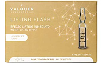 Valquer Lifting Flash Gesichtsserum in Ampullen. Sofortiger Anti-Falten-Lifting-Effekt, verjüngende und straffende Wirkung mit Hyaluronsäure für alle Hauttypen. Packung mit 5 Einheiten à 2 ml.