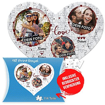 Foto-Puzzle selbst gestalten - Love - mit 3 Fotos, Namen & Datum Bedrucken - Herz-Puzzle Personalisieren - Geschenk zu Valentinstag, Jahrestag - 114 Teile inkl. Kartonverpackung