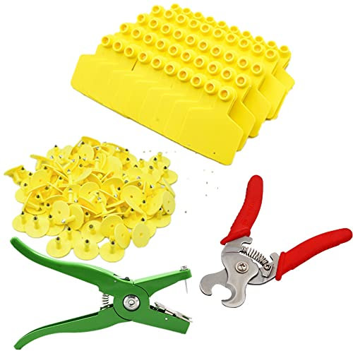 MUALROUS 100 etichette vuote per orecchie con 1 pinza scheda di identificazione del bestiame e 1 pinza per anelli di maiale per capre pecore maiali bovini allevamento di vitelli etichette gialle