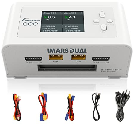 Gens ace Lipo Charger Imars Dual Channel RC Charger for Ninh/Lipo Battery Charger with Deans T XT60 EC3 EC5 Plug (White Colour)