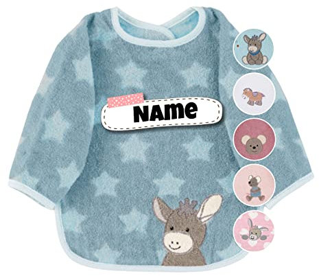 Sterntaler Baby Lätzchen mit Ärmeln | bestickt mit Namen | Langarm Lätzchen Baby | personalisiert | Latz Baby Geschenk (Emmi Esel stern mittelblau)