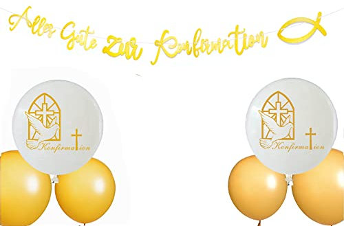 Alles Gute zur Konfirmation + 6 Luftballons für Taufe, Kommunion Konfirmation oder andere Festliche Anlässe Taufe Mädchen Junge Deko Banner Kommunion Party