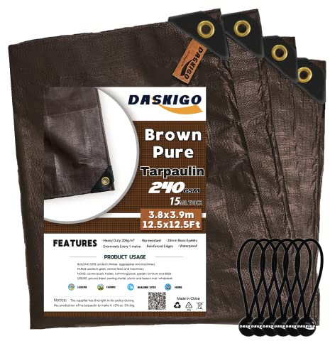 DASKIGO Lona impermeable extra reforzada de 240 g/m², 4 x 4 m, color marrón, 6 bolas elásticas
