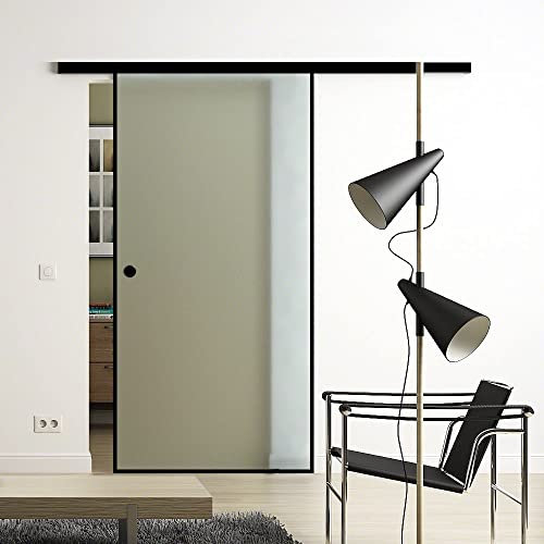 Rahmen-Glas-Schiebetür 775x2050 mm Vollsatiniert/Milchglas Design Sadora® Slimline-System komplett Laufschiene in Schwarz und Muschelgriffen