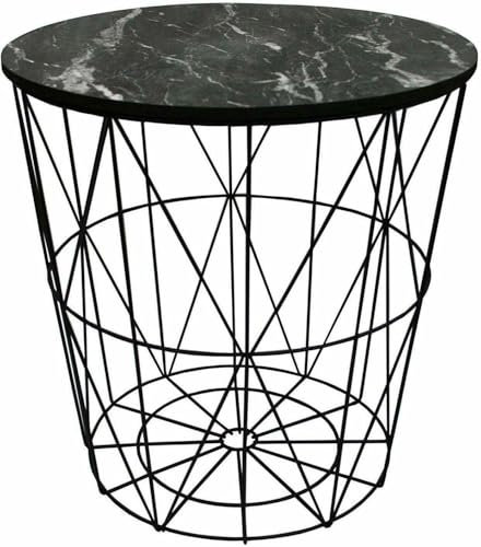 Round Side Table Wire Metal Storage Basket Modern Tea Nest Table with Removable Wood Top for Hallway, Living Room, Bedroom, or Office Decor Sidetable (Black Marble Pattern Lid, Medium)