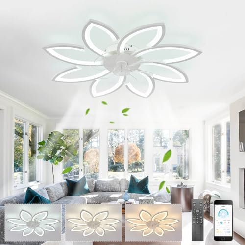 LJX Ceiling Fans with Lights and Remote DC 90cm Ceiling Fans with Led Lamps Silent Dimmable 6 Speed for Living Room Bedroom Lounge Flower Ceiling Fan Light, White