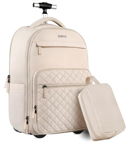 ZOMFELT Sac à dos à roulettes pour femme, beige, 43,9 cm