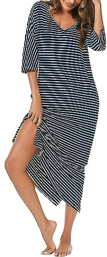 Uniexcosm Long Nightdress for Women Nightgowns 3/4 Sleeve Cotton Nighties Baggy Ladies Nightshirts with Pockets Plus Size Sleep Dress Nightwear Loungewear Sleepwear S-XXL Navy Blue