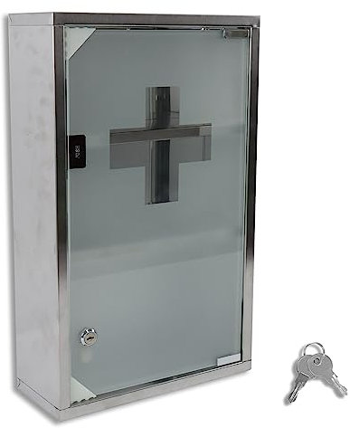 Froadp Medizinschrank Arzneischrank aus Edelstahl Abschließbarer Hausapotheke mit Glas Tür & Schloss 30 x 12 x 50 cm Apothekerschrank Medikamentenschrank Erste Hilfe Schrank (3 Fächer)