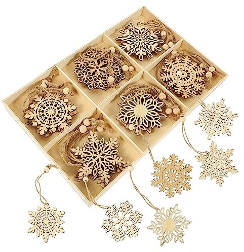 Garneck 24st Weihnachtsdekoration Zum Aufhängen Weihnachtsdekorationen Weihnachtsschneeflocken-Ornamente Schneeflocken-hängeornament Aus Holz Weihnachtsschmuck Weihnachtsutensilien Hölzern