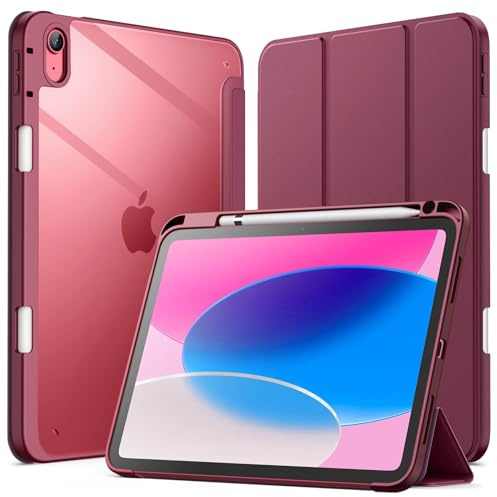 JETech Funda para iPad (A16) 11.ª/10.ª Generación (2025/2022) con Portalápiz, Clara Transparente Carcasa Trasera Slim Soporte Antigolpes Cover Tableta (Vino Tinto)