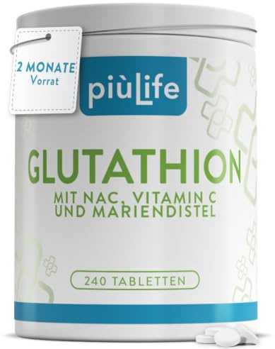 Glutathion hochdosiert 500 mg – 100% reduziert PiùLife – 240 Tabletten | Mit Vitamin C, NAC (N-Acetylcystein) und Mariendistel Extrakt – Kombination für eine bewusste Nahrungsergänzung