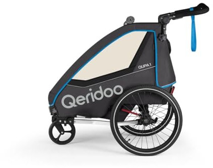 Qeridoo Fahrradanhänger QUPA 1 Blue mit Blattfederung, zusammenfaltbare Kabine, ausbaubare Rückbank, Buggy, Trailer, Höhenverstellbarer Schiebegriff, 5-Punkt Gurtsystem, für 1 Kind