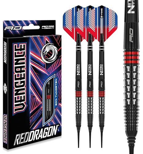 RED DRAGON Vengeance Red 20 Gramm Premium Wolfram Softip Dart Set mit Flights und Schäften