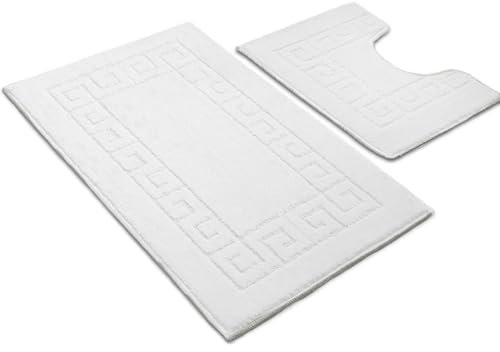 Ambience Products Badematten mit griechischem Schlüsselmuster, rutschfest, weich, waschbar, schnell trocknend, wasserabsorbierend, Badezimmer-Duschmatte und WC-Vorleger, 2-teiliges Set, Weiß