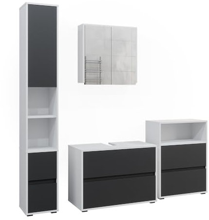 Vicco Badmöbel-Set Maltin, Badezimmerschrank-Set, Weiß/Anthrazit/Anthrazit, 4 Teile