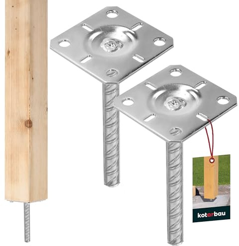 KOTARBAU® 2 pcs Post Base - Galvanised Steel - 100x100x200 mm (3.94×3.94x7.87 inches) - Silver - Fence Post Base Concrete - with Ribbed Dowel - for Fence Posts - Wooden Beams - Support Concrete Anchor