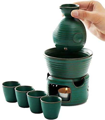 SUNMME Set JapanSake da 7 Pezzi, con pentola scaldavivande e fornello per Candele, Set di Bicchieri da Vino in Ceramica con Smalto Verde Malachite per Sake Freddo, Sake Caldo, Shochu e Tazze da tè