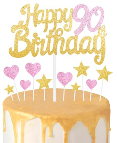 Gold Pink 90th Birthday Cake Topper, Girls 90th Birthday Decorations, Glitter Heart Stars Cake Toppers, Personalised Happy Birthday Cake Cupcake Toppers for Women Girls Baby Birthday Party Supplies